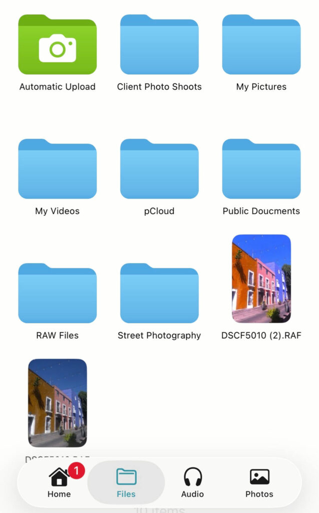 files tab from the pcloud photos app on iOS.