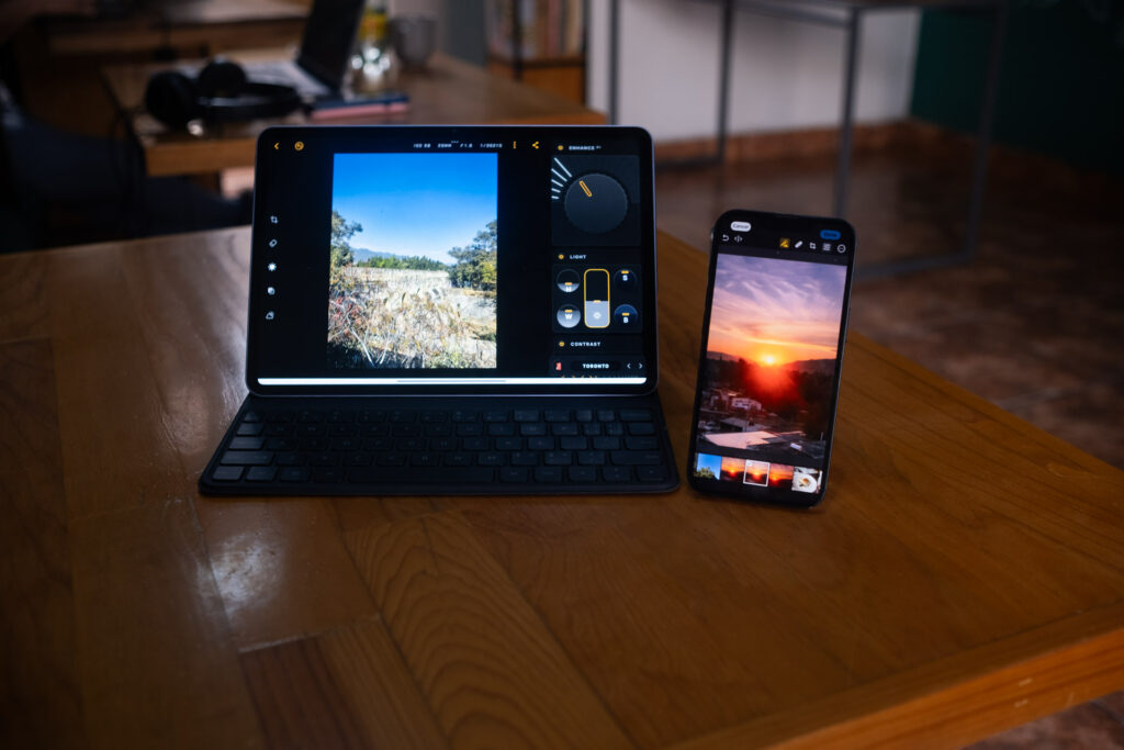 my Xiaomi pad 7 and iPhone 13 used to test iOS and Android photo editing apps 
