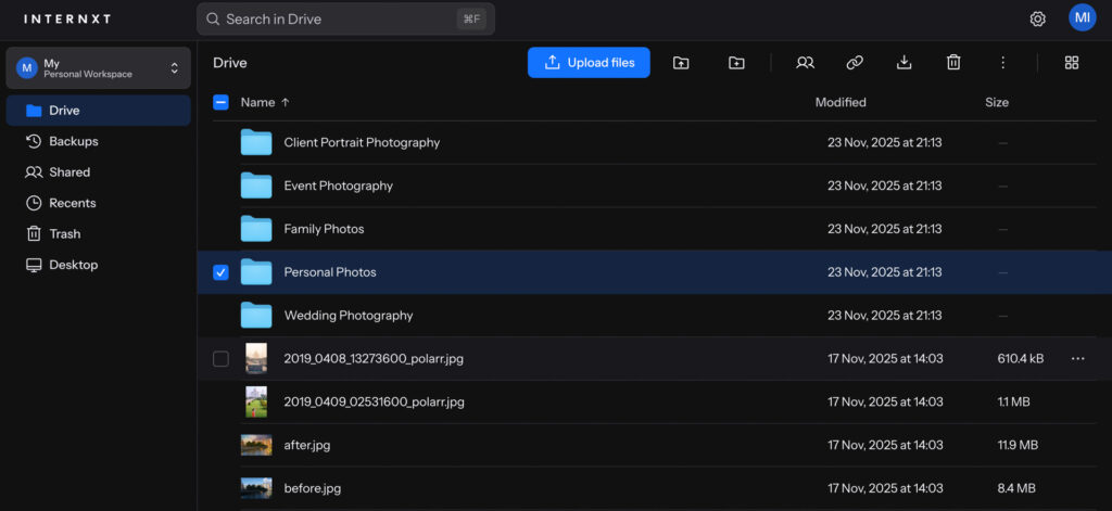 internxt user interface