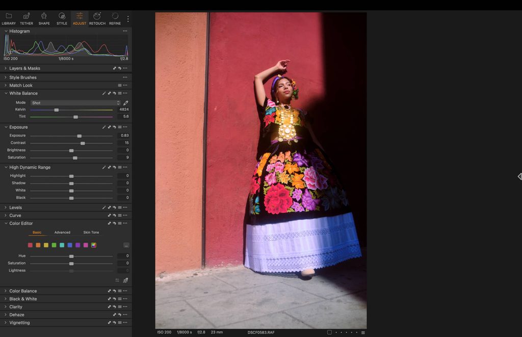 capture one software open with with the left hand editing panel on display