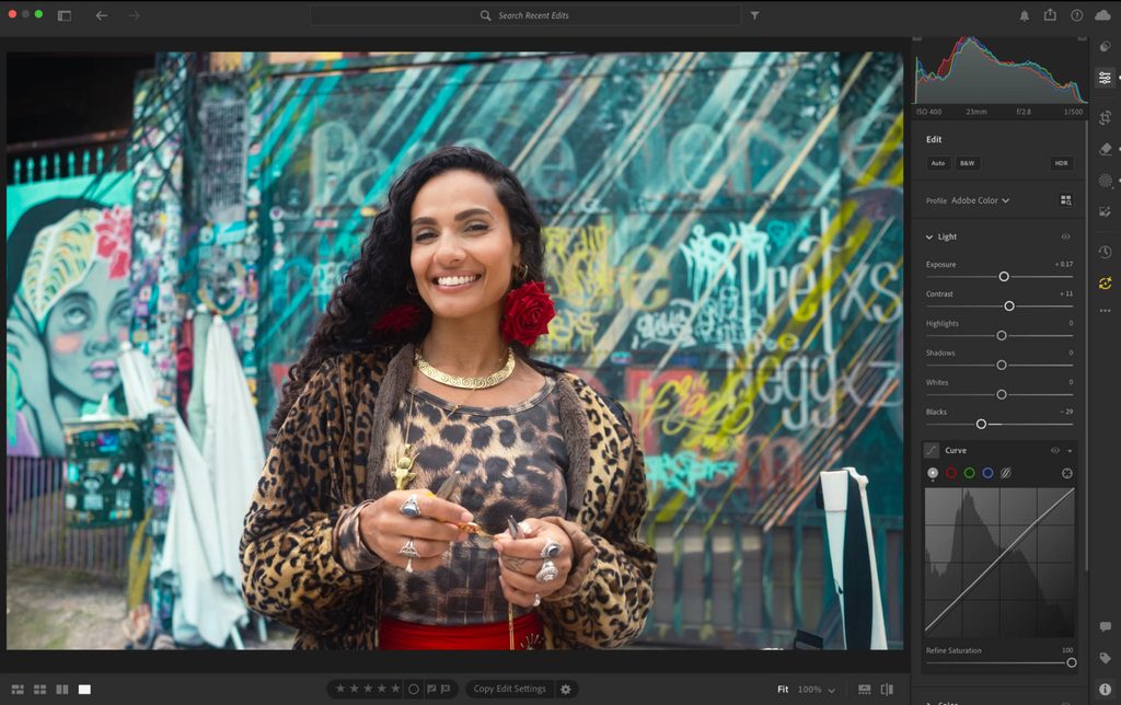 lightroom photo editing software with the right hand editing panel on display