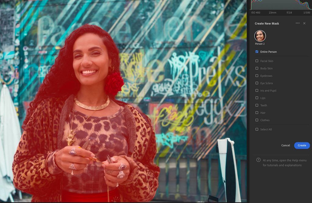 lightroom masking tools, right subject detection visable in the right hand panel