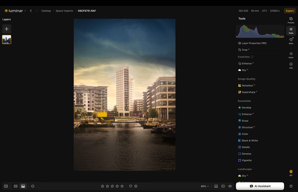 screen of luminar photo editing software with editing panel clearly visable