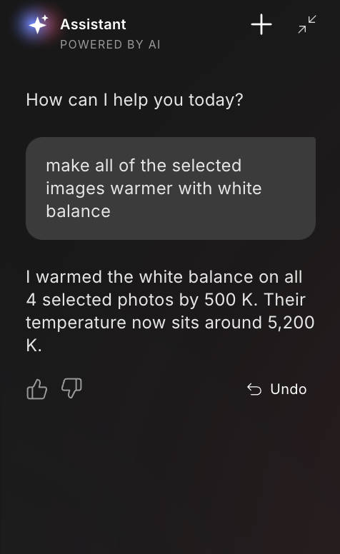 imagen assistant following a promopt to increase to a warm white balance on a select group of images