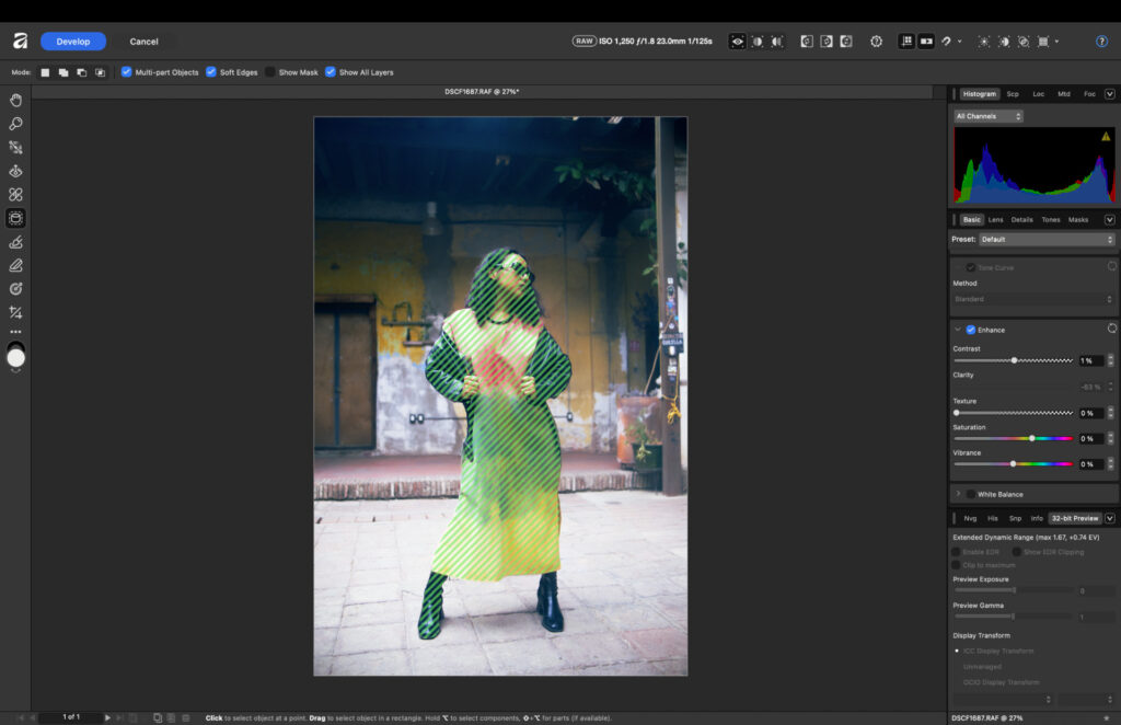 Testing the automated background and person selection tools in Affinity Photo portrait editing software.