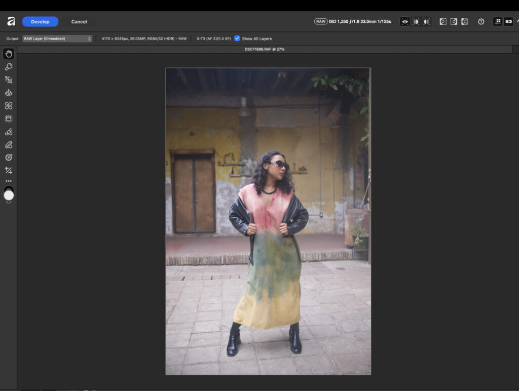 Evaluating RAW file import quality and default rendering inside Affinity Photo portrait editing software.