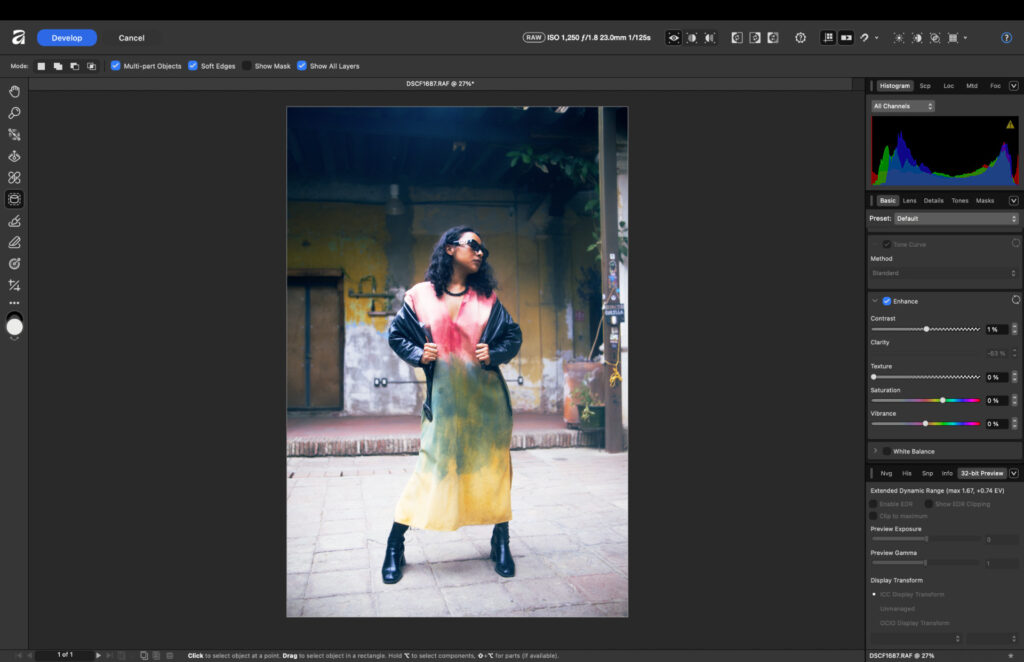 Editing a portrait and adjusting RAW file settings in Affinity Photo software.