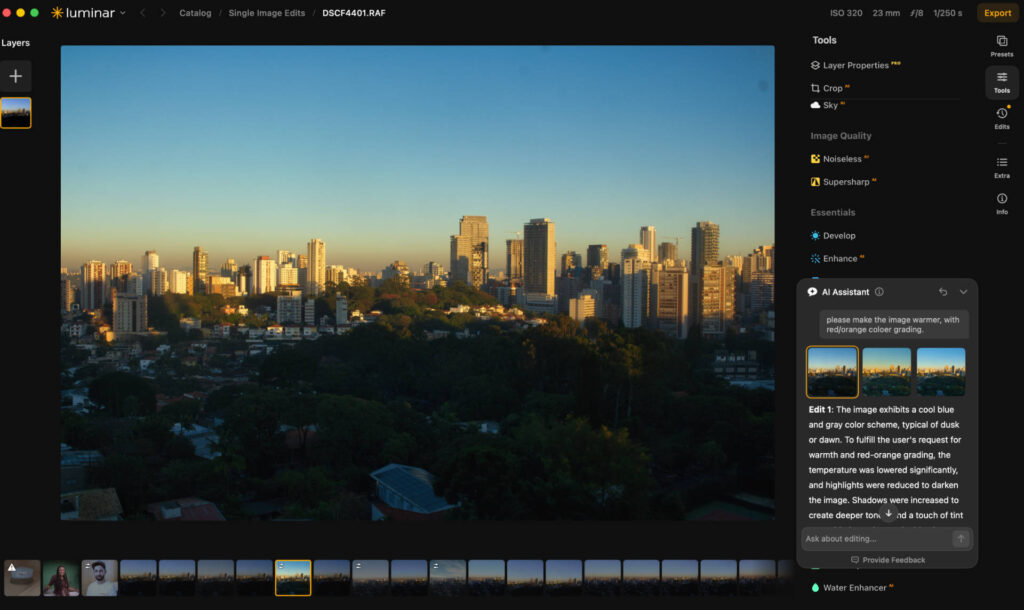Luminar Neo's prompt-based AI Assistant chat panel open beside a cityscape sunset photo, suggesting color grading edits