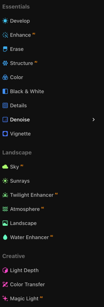 Luminar Neo's tools menu listing editing options including Erase, Structure, Color, Black & White, Details, Denoise, Vignette, and Landscape category tools such as Sky, Sunrays and Twilight Enhancer