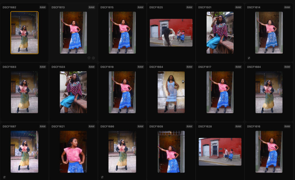 Luminar Neo's Smart Search photo grid showing thumbnail previews of RAW photos of people in colorful outfits