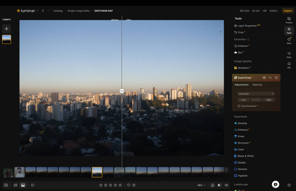 Luminar Neo Supersharp AI tool showing a before and after comparison slider on a cityscape photo with the Supersharp panel open