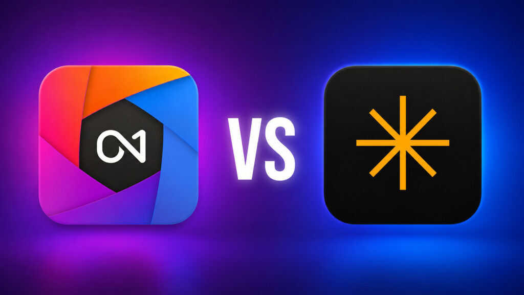 ON1 Photo RAW logo versus Luminar Neo logo on a purple and blue gradient background