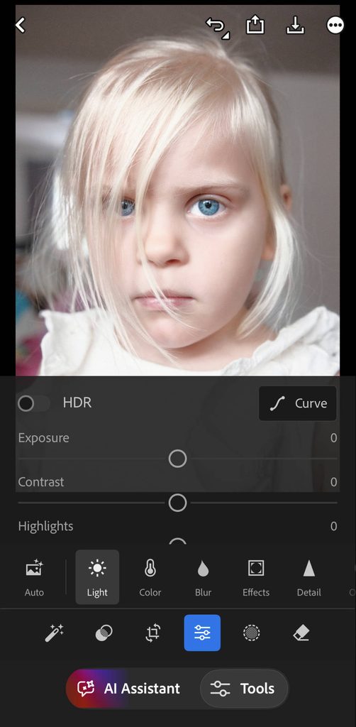 an image of Lightroom's UI on the mobile app in vertical mode